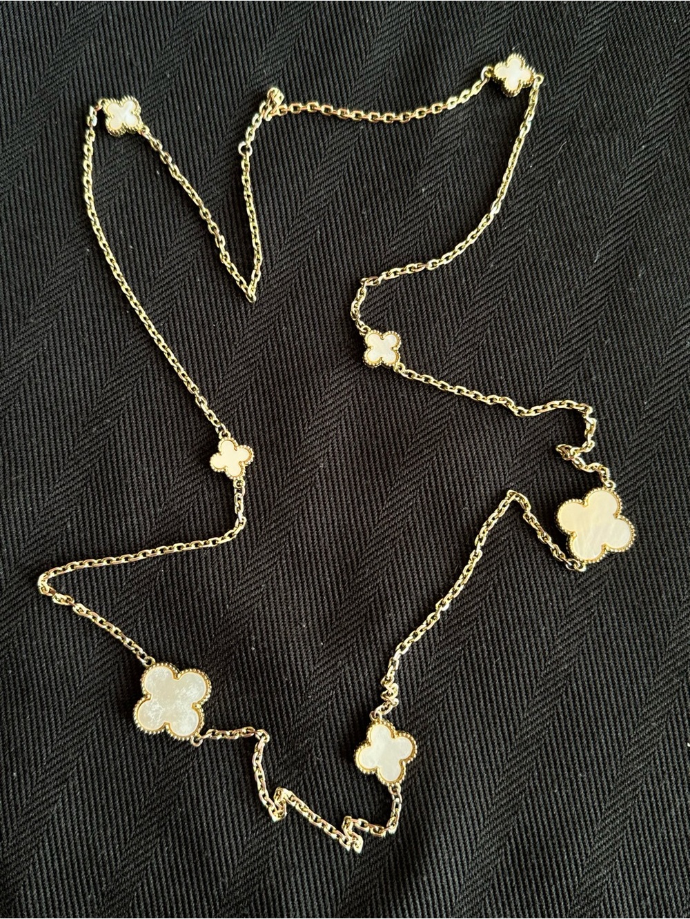 Statement Long Gold Chain Necklace with White Clover Motif